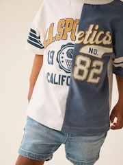 Blue/White 100% Cotton Short Sleeve Varsity T-Shirt (3mths-7yrs) - Image 4 of 7