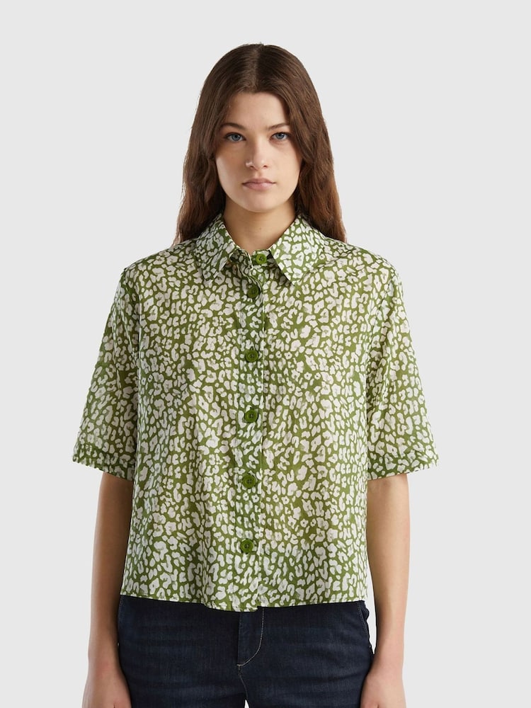 Benetton Green Floral Cotton Shirt - Image 1 of 1 Benetton Green Floral Cotton Shirt - Image 1 of 1