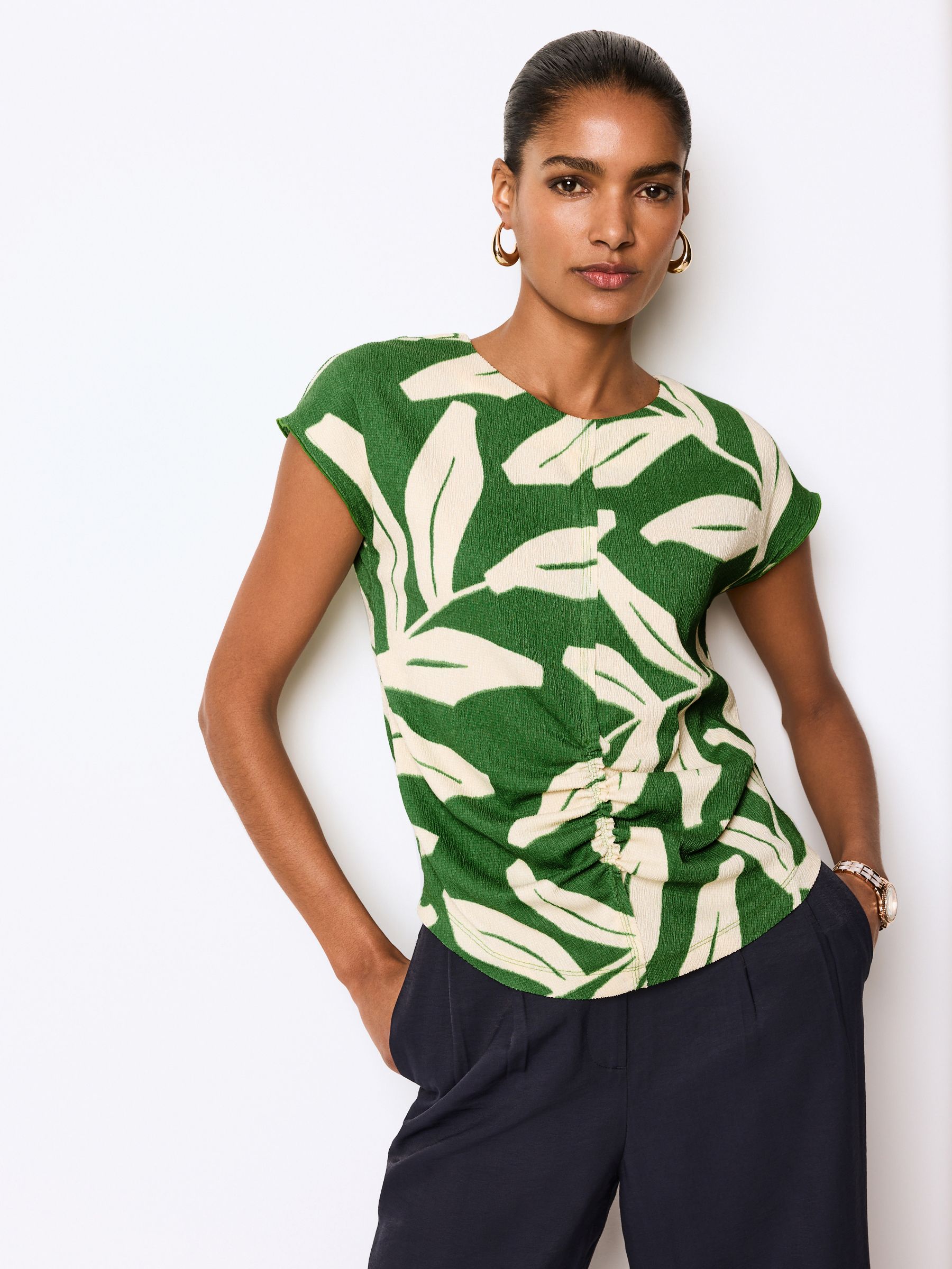 Buy Green Print Short Sleeve Ruched Front Textured T Shirt from Next Luxembourg
