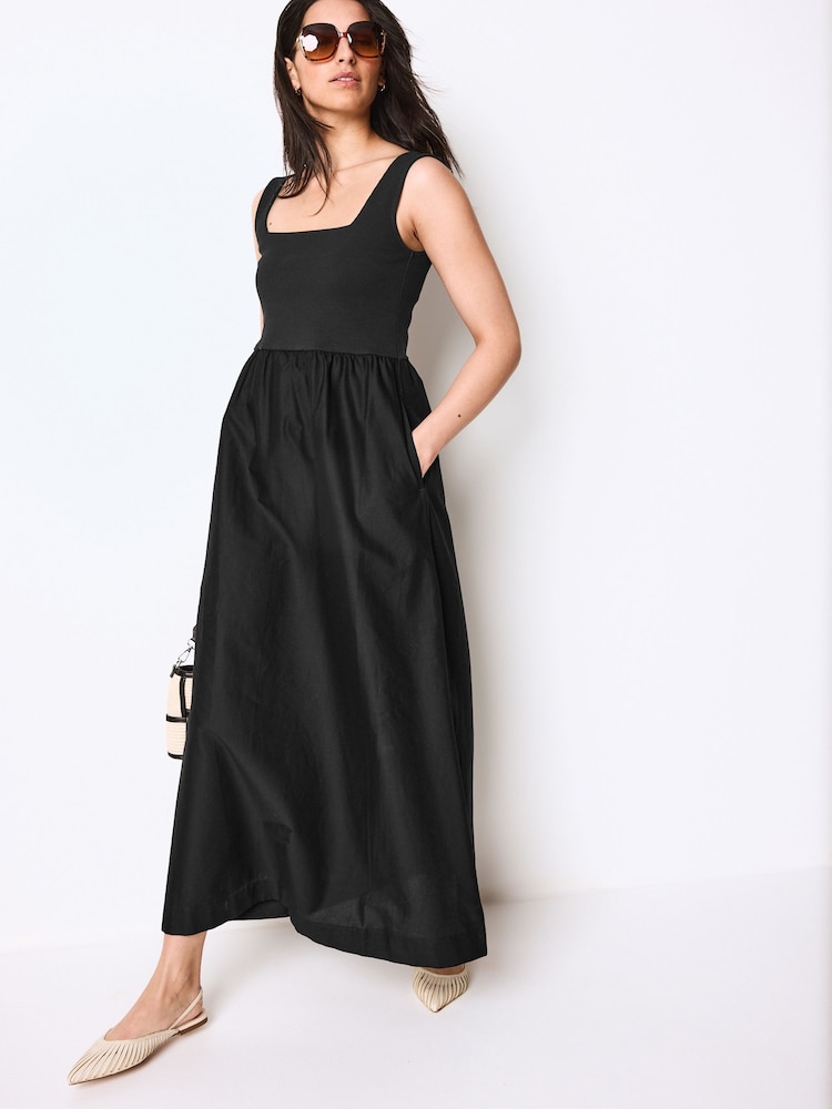 Black 100% Cotton Square Neck Maxi Summer Jersey Dress - Image 1 of 6