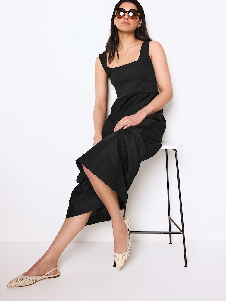 Black 100% Cotton Square Neck Maxi Summer Jersey Dress - Image 2 of 6