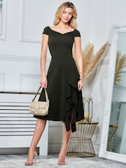 Jolie Moi Khaki Green Desiree Frill Fit & Flare Dress - Image 1 of 5