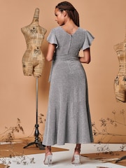 Jolie Moi Silver Metallic Effect Ruffle Hem Maxi Dress - Image 2 of 5