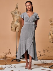 Jolie Moi Silver Metallic Effect Ruffle Hem Maxi Dress - Image 4 of 5