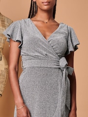 Jolie Moi Silver Metallic Effect Ruffle Hem Maxi Dress - Image 5 of 5