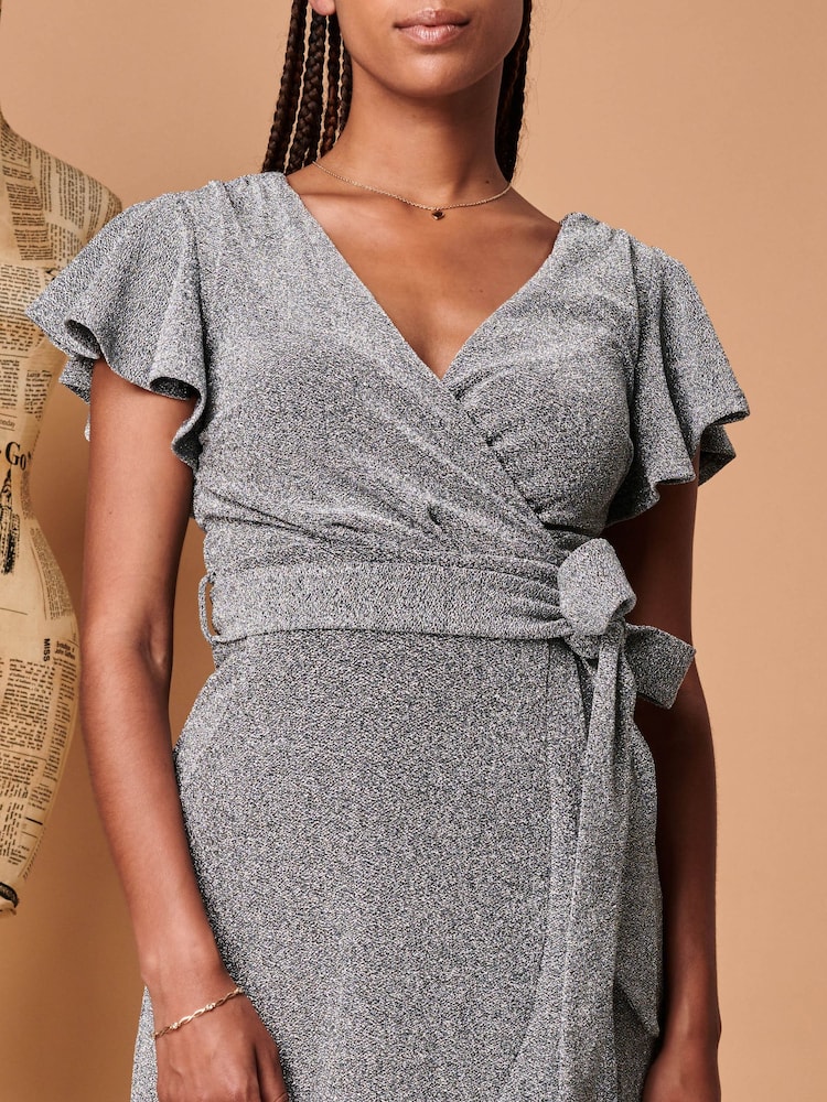 Jolie Moi Silver Metallic Effect Ruffle Hem Maxi Dress - Image 5 of 5
