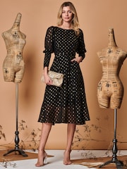 Jolie Moi Black Metallic Chiffon Midi Dress with Shirred Cuffs - Image 1 of 5
