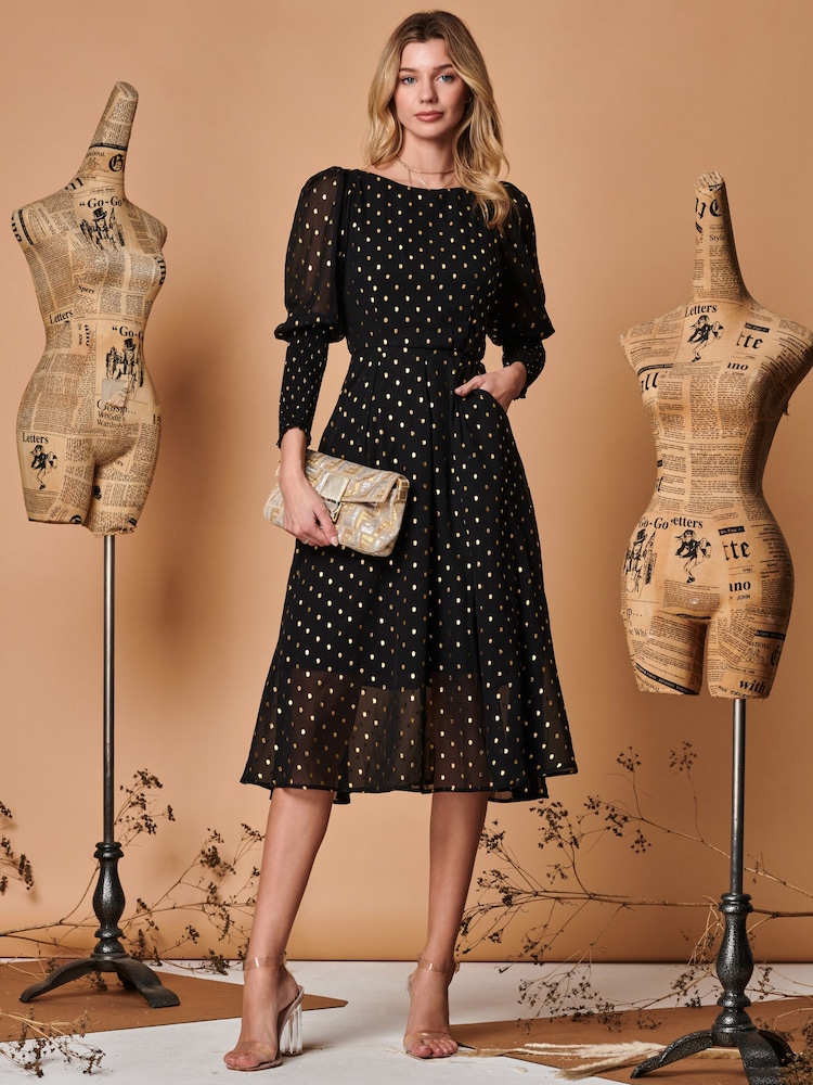 Jolie Moi Black Metallic Chiffon Midi Dress with Shirred Cuffs - Image 1 of 5