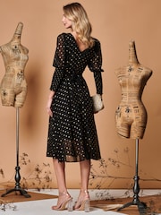 Jolie Moi Black Metallic Chiffon Midi Dress with Shirred Cuffs - Image 2 of 5