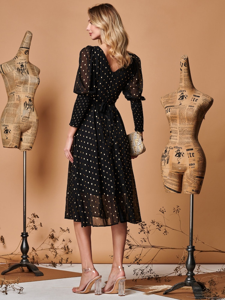 Jolie Moi Black Metallic Chiffon Midi Dress with Shirred Cuffs - Image 2 of 5