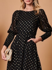 Jolie Moi Black Metallic Chiffon Midi Dress with Shirred Cuffs - Image 3 of 5