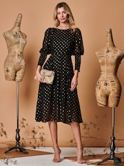 Jolie Moi Black Metallic Chiffon Midi Dress with Shirred Cuffs - Image 4 of 5