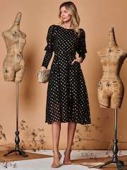 Jolie Moi Black Metallic Chiffon Midi Dress with Shirred Cuffs - Image 5 of 5
