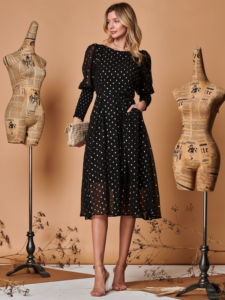 Jolie Moi Black Metallic Chiffon Midi Dress with Shirred Cuffs - Image 5 of 5