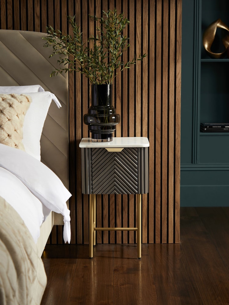 Dark Grey Valencia Marble and Mango Wood 1 Drawer Slim Bedside Table - Image 2 of 10