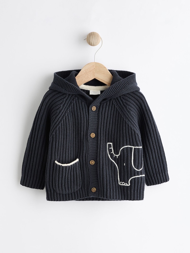 Navy Elephant Embroidered Baby 100% Cotton Knitted Cardigan (0mths-2yrs) - Image 1 of 8