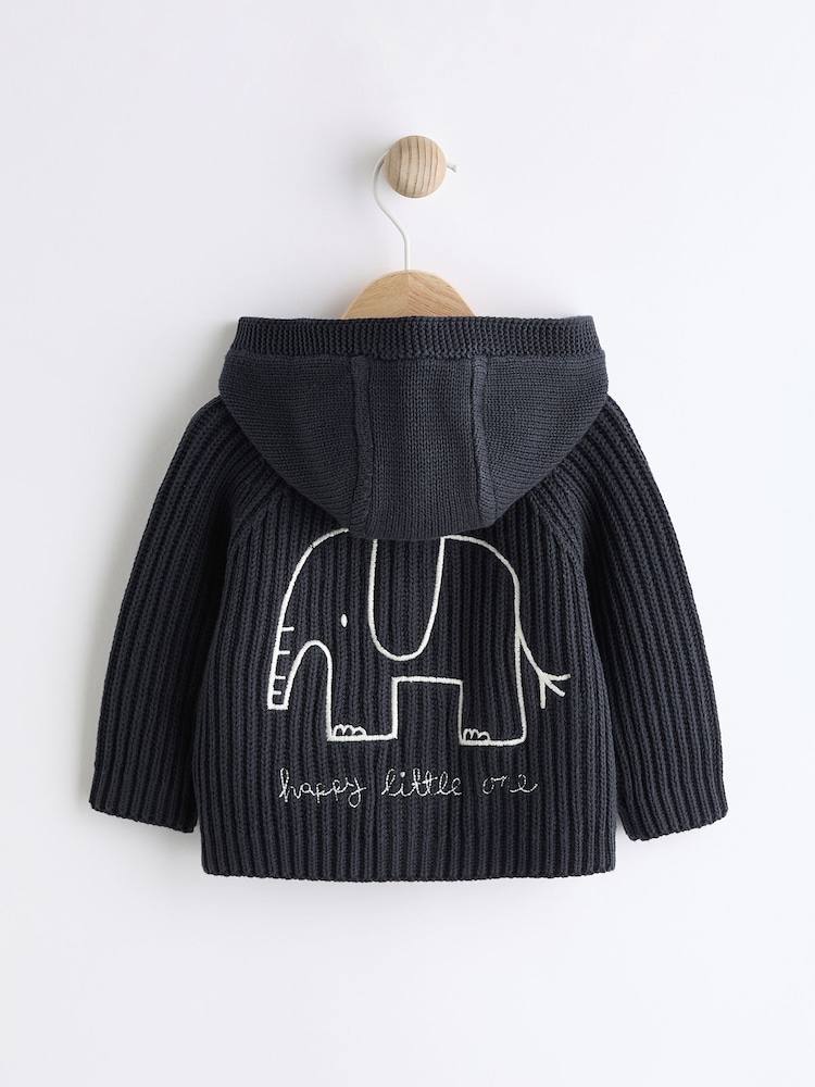 Navy Elephant Embroidered Baby 100% Cotton Knitted Cardigan (0mths-2yrs) - Image 2 of 8