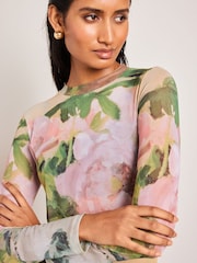 Camille Pissaro Floral License Long Sleeve Mesh Top - Image 1 of 6