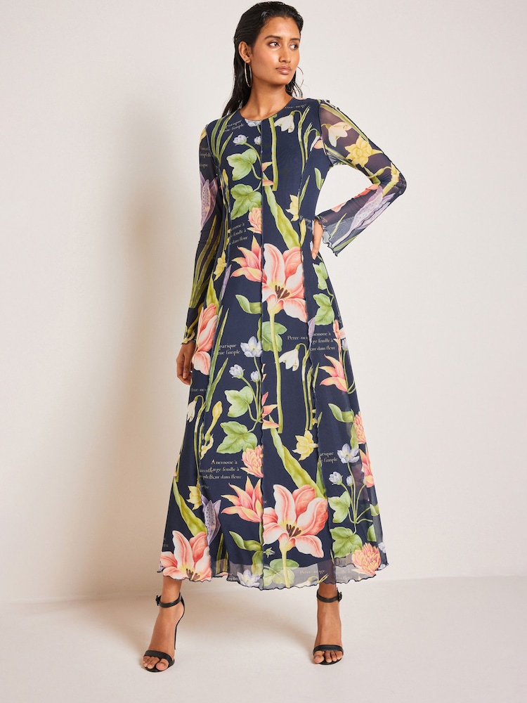 Navy Blue Floral The Fitzwilliam Museum Nicolas Robert Mesh Maxi Dress - Image 1 of 6