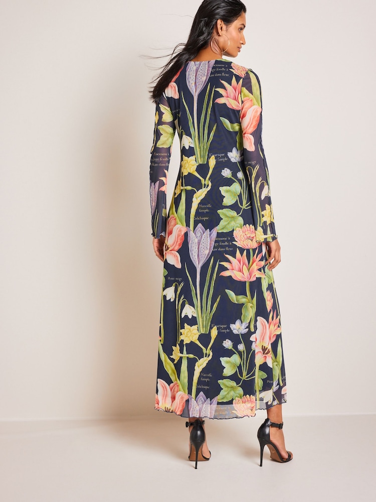 Navy Blue Floral The Fitzwilliam Museum Nicolas Robert Mesh Maxi Dress - Image 2 of 6