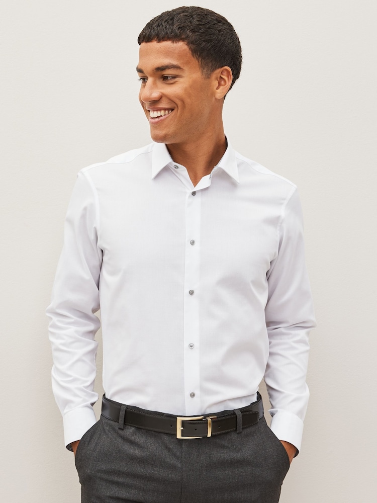 White Regular Fit Trimmed Easy Care Long Sleeve Double Cuff Shirt - Image 1 of 8