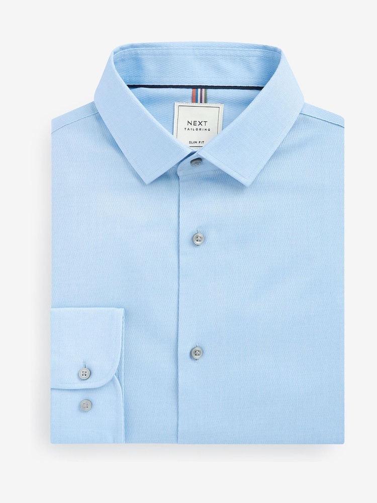 Blauw - Slim Fit - Onderhoudsvriendelijk, getextureerd, slim fit overhemd met enkele manchet - Image 6 of 9