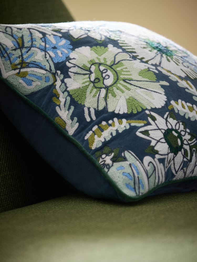 Nina Campbell Jardin Floral Velvet Embroidered Feather Filled Cushion - Image 3 of 7
