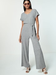 Grey Textured Utility Wide Leg Belted Jumpsuit - Image 1 of 6