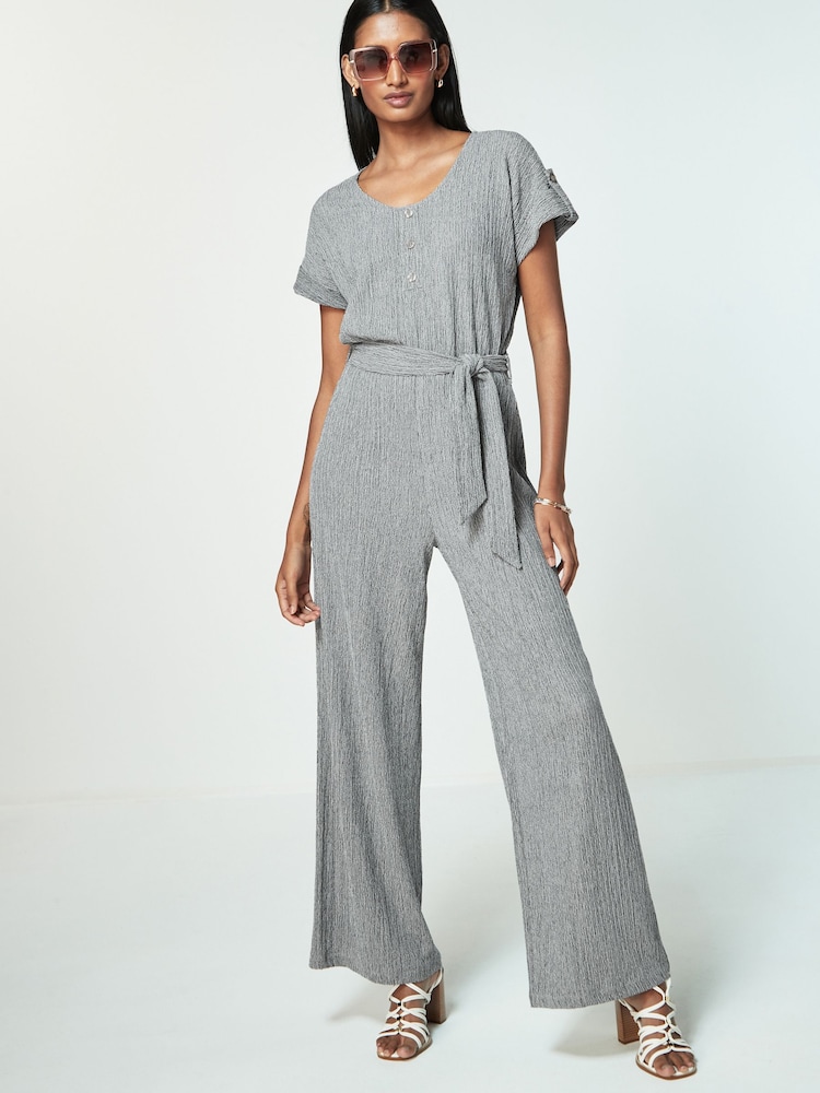 Grey Textured Utility Wide Leg Belted Jumpsuit - Image 1 of 6