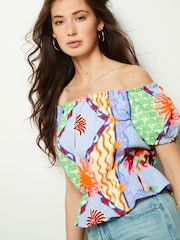 Bright Tropical Print 100% Cotton Bardot Puff Sleeve Blouse - Image 1 of 6