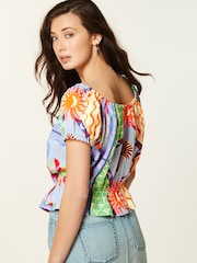 Bright Tropical Print 100% Cotton Bardot Puff Sleeve Blouse - Image 3 of 6