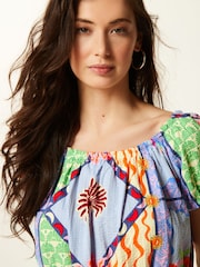 Bright Tropical Print 100% Cotton Bardot Puff Sleeve Blouse - Image 4 of 6