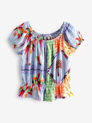 Bright Tropical Print 100% Cotton Bardot Puff Sleeve Blouse - Image 5 of 6