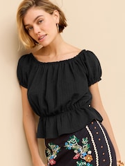 Black 100% Cotton Bardot Puff Sleeve Blouse - Image 1 of 4
