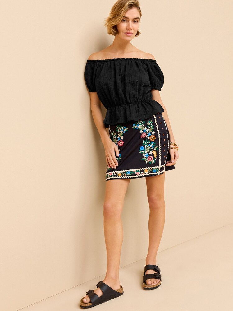 Black 100% Cotton Bardot Puff Sleeve Blouse - Image 2 of 4 Black 100% Cotton Bardot Puff Sleeve Blouse - Image 2 of 4