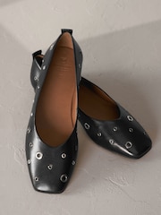 Schwarz - Signature Ballerinas aus Leder mit Ösen - Bild 3 von 6