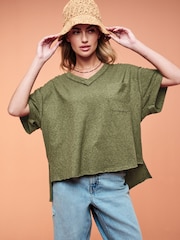 Khaki Green Oversized Linen Look Washed Pocket Detail Slouch V-Neck T-Shirt - Image 1 of 6