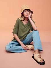 Khaki Green Oversized Linen Look Washed Pocket Detail Slouch V-Neck T-Shirt - Image 2 of 6