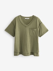 Khaki Green Oversized Linen Look Washed Pocket Detail Slouch V-Neck T-Shirt - Image 5 of 6