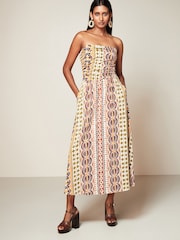Orange/Green Print 100% Cotton Bandeau Midi Summer Dress - Image 1 of 6