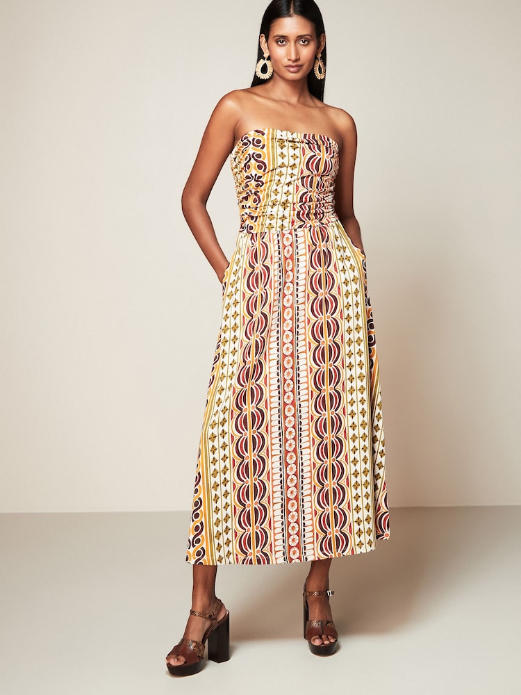 Orange/Green Print 100% Cotton Bandeau Midi Summer Dress - Image 1 of 6 Orange/Green Print 100% Cotton Bandeau Midi Summer Dress - Image 1 of 6