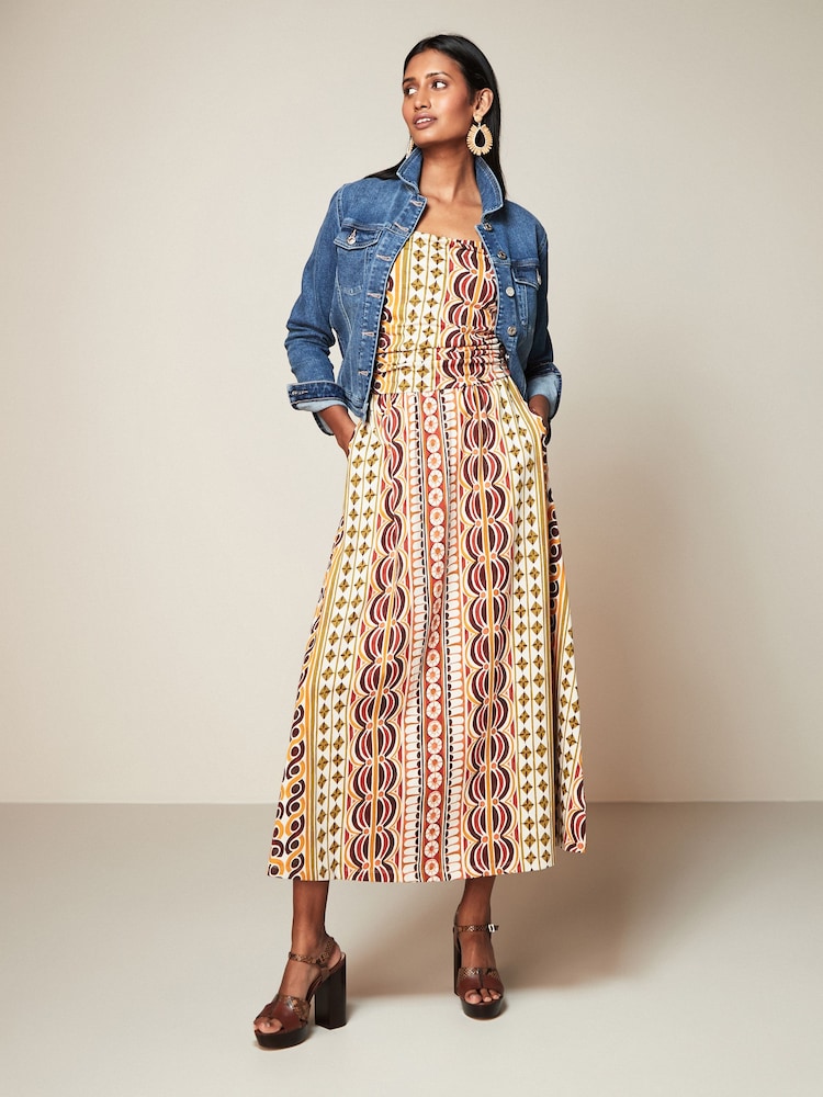Orange/Green Print 100% Cotton Bandeau Midi Summer Dress - Image 2 of 6