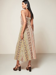 Orange/Green Print 100% Cotton Bandeau Midi Summer Dress - Image 3 of 6