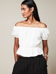 White 100% Cotton Bardot Puff Sleeve Blouse - Image 1 of 6