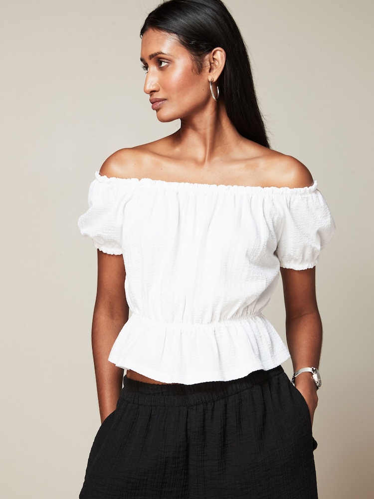 White 100% Cotton Bardot Puff Sleeve Blouse - Image 1 of 6