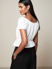 White 100% Cotton Bardot Puff Sleeve Blouse - Image 3 of 6