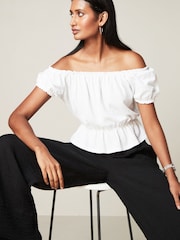 White 100% Cotton Bardot Puff Sleeve Blouse - Image 4 of 6