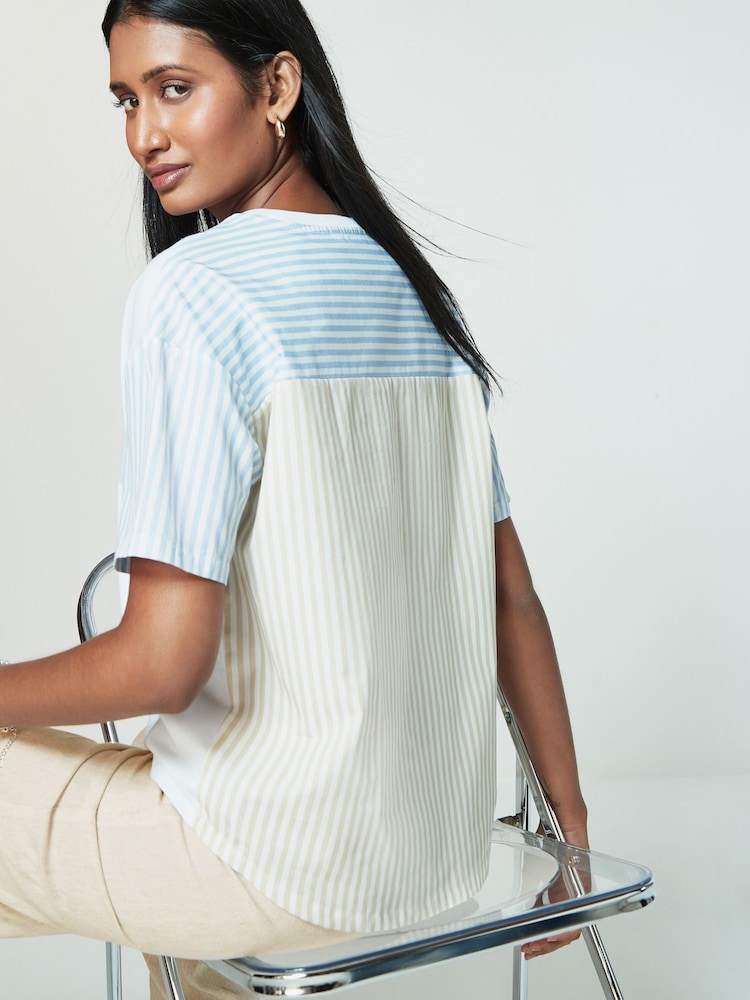Blue/Neutral Stripe Jersey Poplin Mix Short Sleeve Shirt - Image 1 of 6