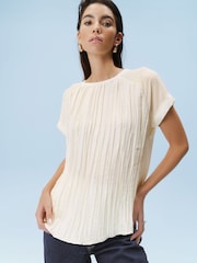 Ecru Plissé Woven Mix Short Sleeve Top - Image 1 of 6
