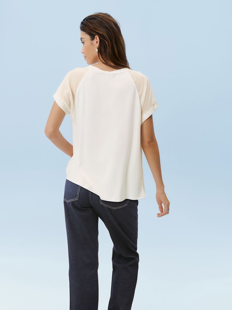 Ecru Plissé Woven Mix Short Sleeve Top - Image 2 of 6